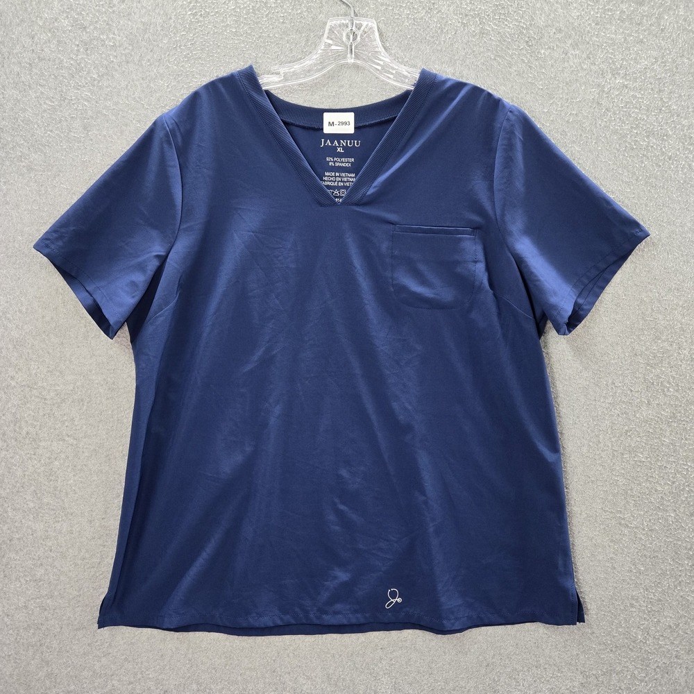 Jaanuu Women Scrub Top XL Navy Logo Short Sleeve Polyester Spandex